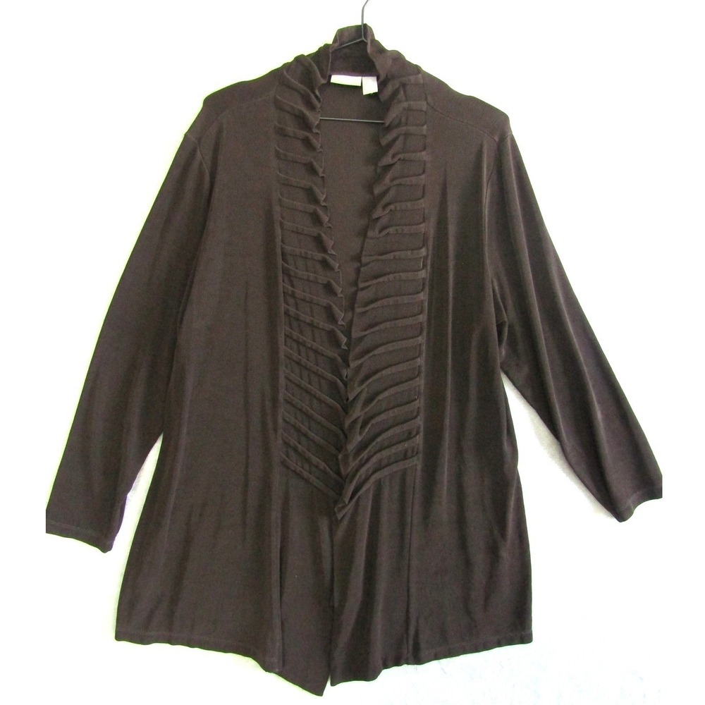 Travelers by Chico's Brown Ribbed Cardigan Duster Open Front Ruffle Neck Size 3 - Picture 1 of 9
